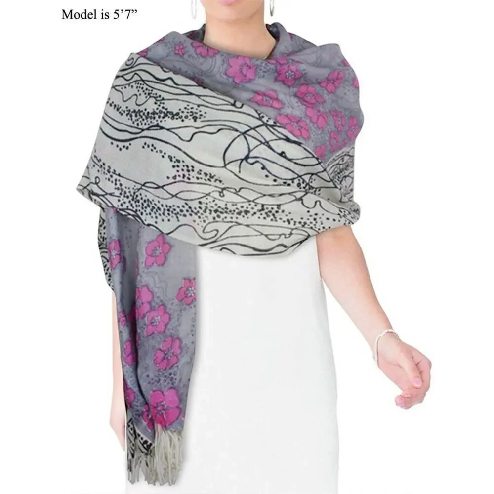 Wool Pashmina Floral Gray and Pink Wrap Scarf
